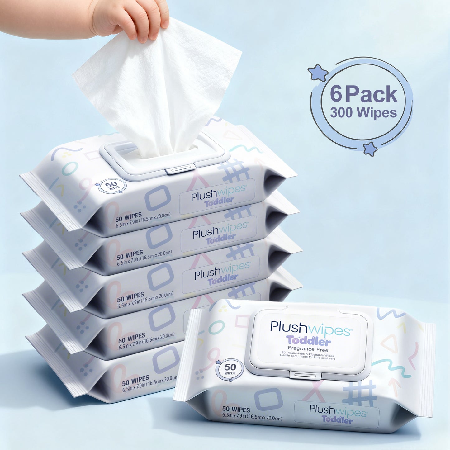 Plushwipes Toddler 50ct Wipes 6-Pack, 300 Wipes - Gentle, Plant-Based Care for Little Ones