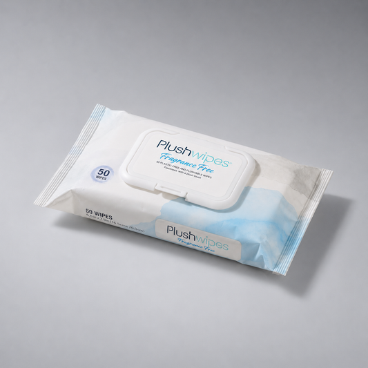 Plushwipes Everyday fragrance-free flushable wipes pouch on a soft gray background