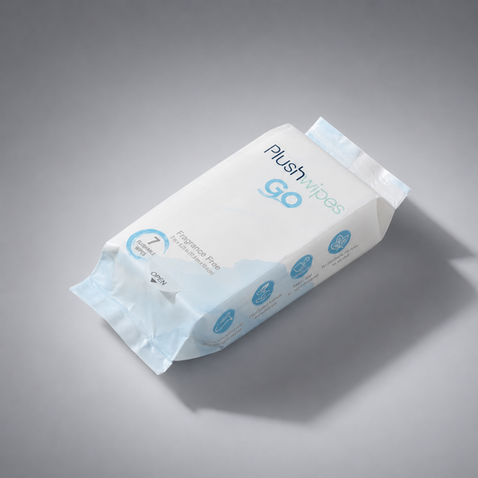 Plushwipes Go fragrance-free travel wipes pocket pack on a soft gray background