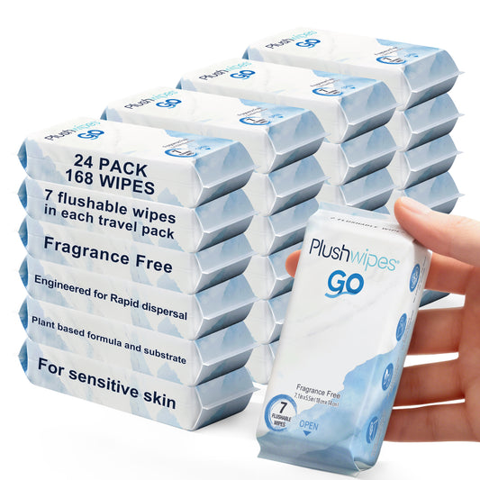 Plushwipes Go Travel Pack Flushable Wipes 24-Pack, 168 Wipes – Compact, Clean, Ready Anywhere