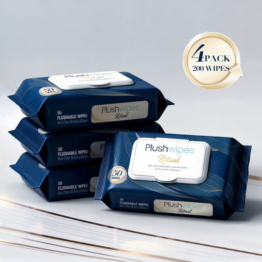 Plushwipes Ritual 50ct Flushable Wipes 4-Pack, 200 Wipes, Larger, Luxurious, Witch Hazel Infused