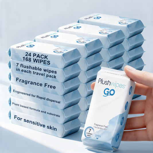 Plushwipes Go Travel Pack Flushable Wipes 24-Pack, 168 Wipes – Compact, Clean, Ready Anywhere