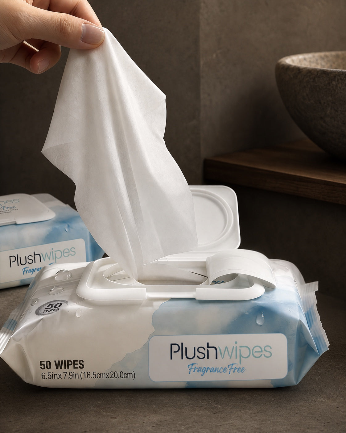 A Plushwipes fragrance-free flow pack dispensing a single wipe