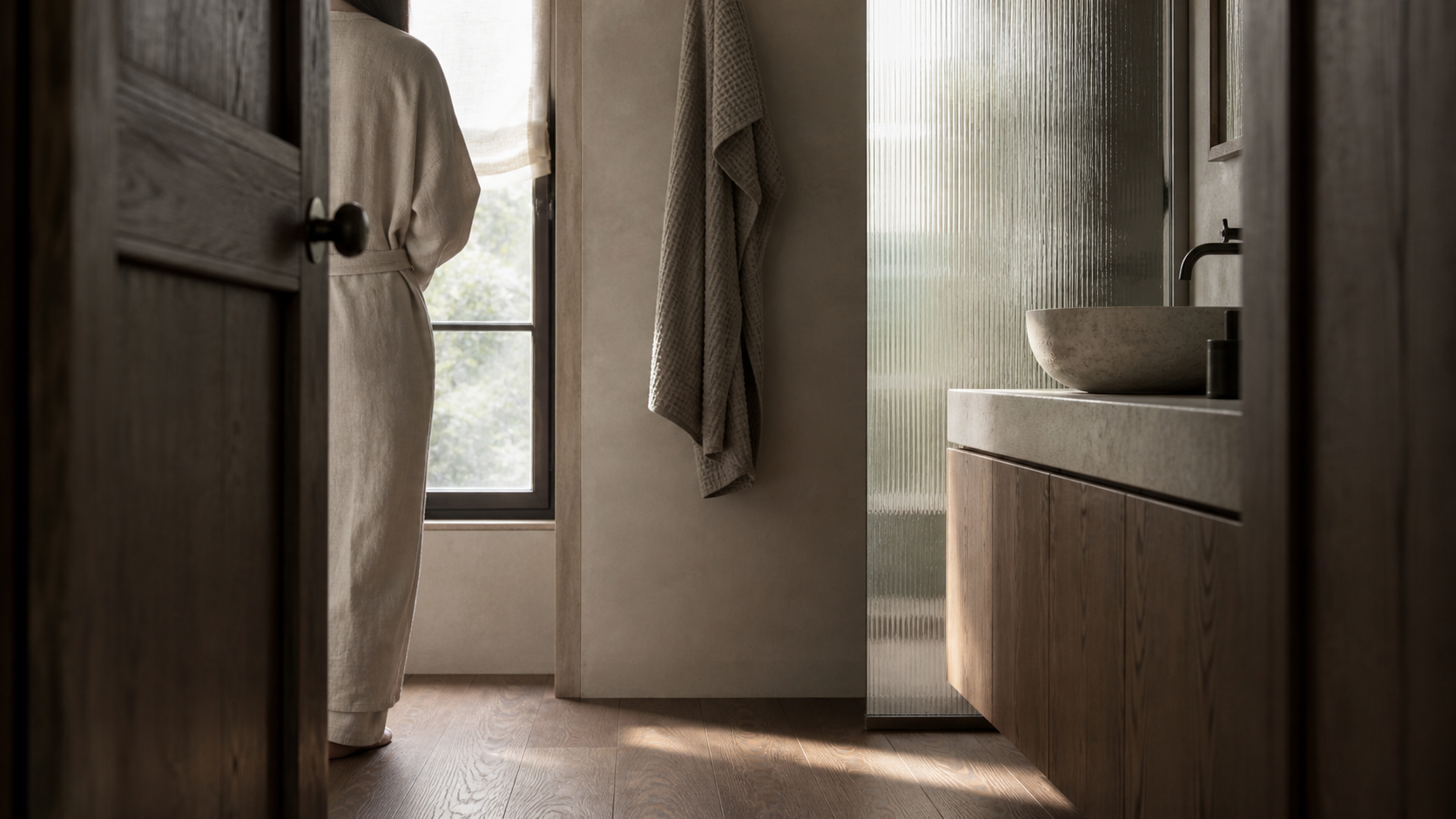 A quiet residential bathroom seen through a partially open door