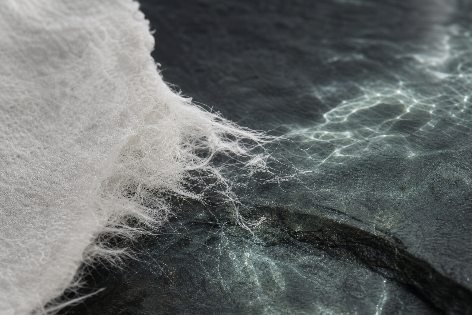 Soft white plant-based fibers meeting clear water