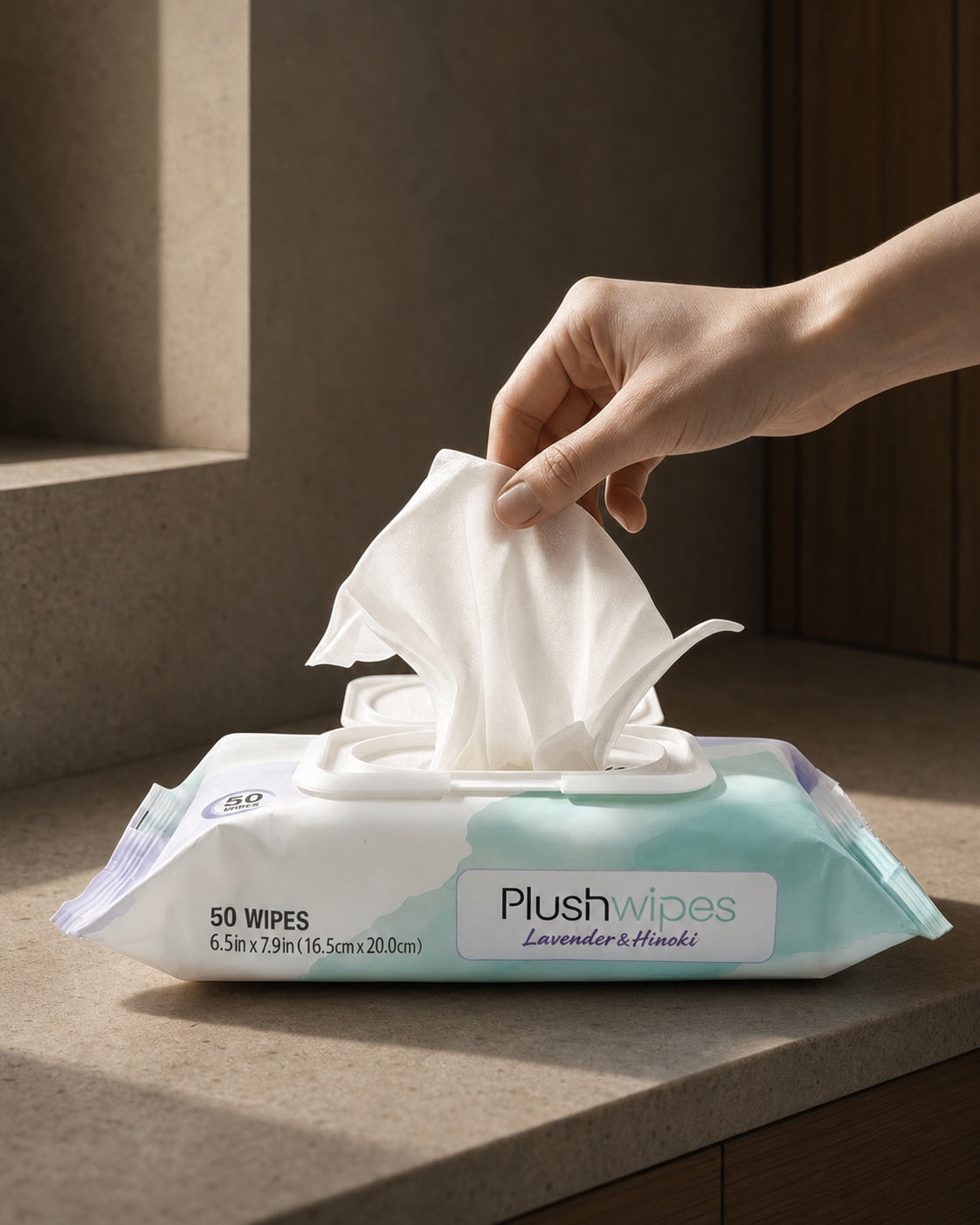 A Plushwipes Lavender and Hinoki flow pack dispensing a single wipe