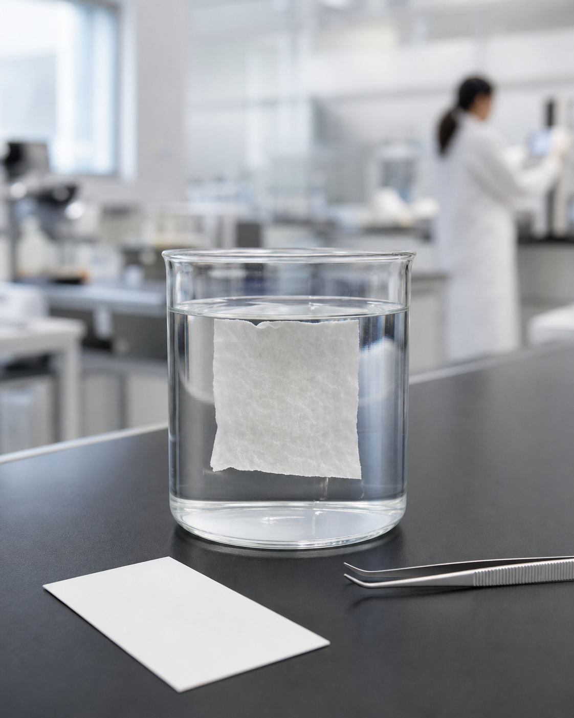 A white material sample evaluated in clear water on a laboratory bench