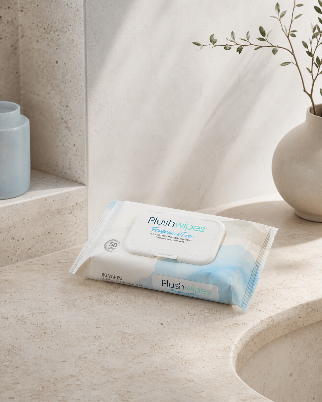 Plushwipes Everyday Fragrance Free soft pack naturally photographed on pale travertine