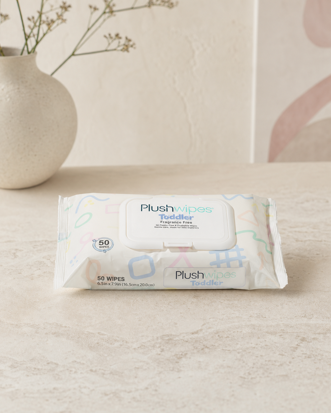 Plushwipes Toddler soft pack naturally photographed on a warm limestone counter